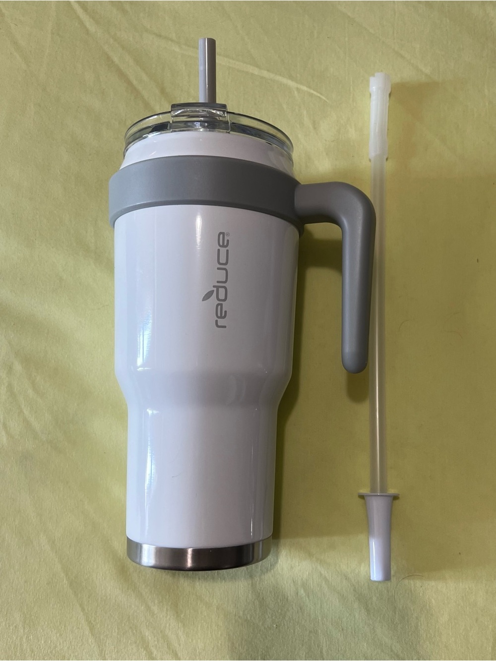 White & Gray Insulated Travel Tumbler with Handle and Straw